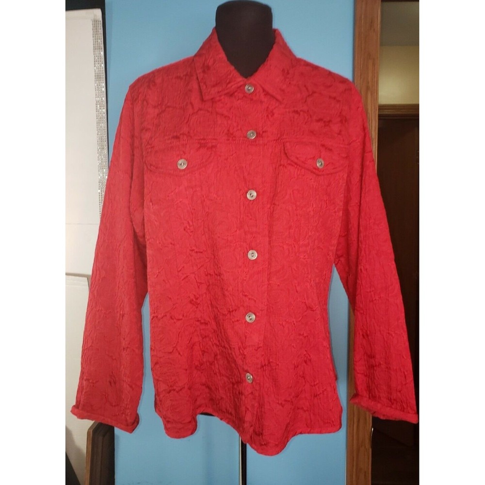 Chicos Button Front Holiday Red Shacket Blouse Sz Large 2 Textured Cottagecore